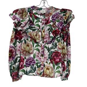 Aura Western Shirt Dramatic Double Ruffle Floral Long Puff Sleeve Size S Rodeo